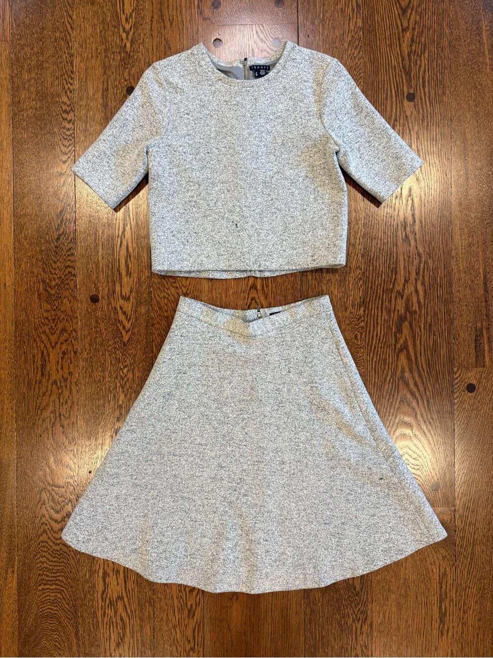 Theory Gray Wool Blend Matching Top & A-Line Skirt Set